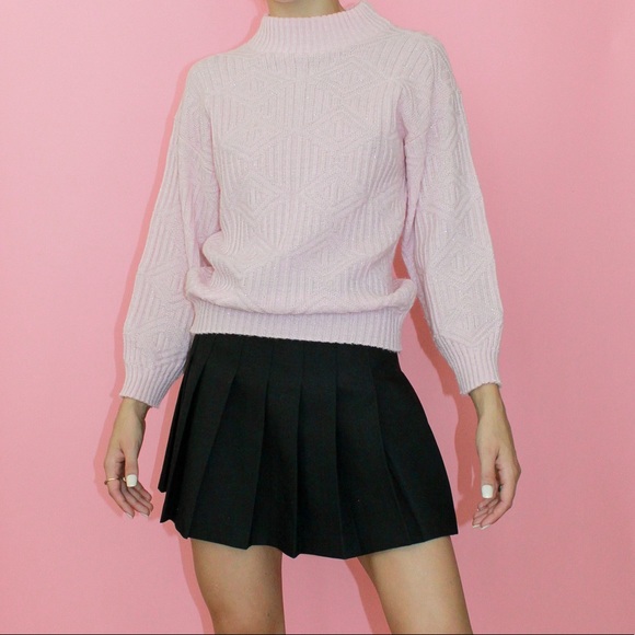 VTG 80s Baby Pink/Metallic Silver Acrylic Ribbed Mock Neck Chunky Knit Sweater - Picture 2 of 10